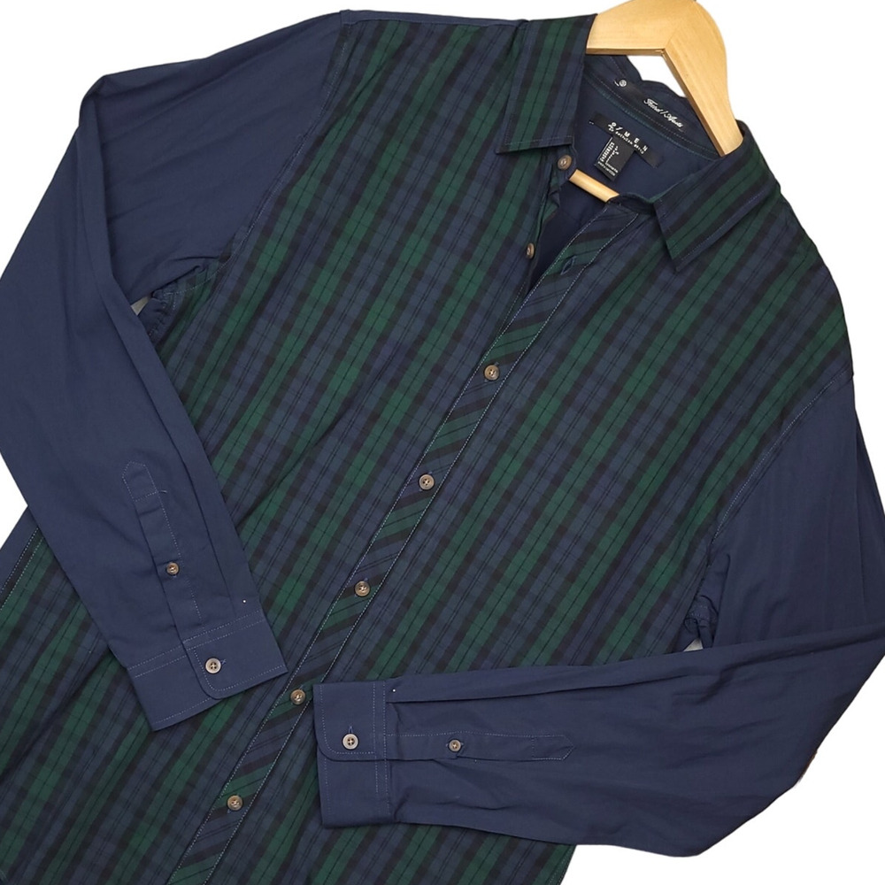 21 Men Fitted Long Sleeve Button-Up Shirt Men's Sz Large Green Blue Plaid